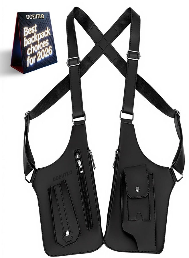 DOEUTLQ Leather Double Shoulder Armpit Bag for Men Underarm Concealed Rover The Holste Vest for Mens Adjustable Leather Bag (Black) - Image 1