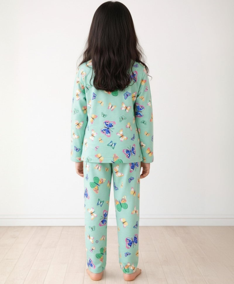 ANTHRILO Pajama T-Shirt Set for Girls | Kids Night Suit for Girls | Nightwear | 100% Cotton Pyjama Set Butterfly Green Print | Long Sleeve T-Shirt and Pajama | 6-7 Years - Image 4