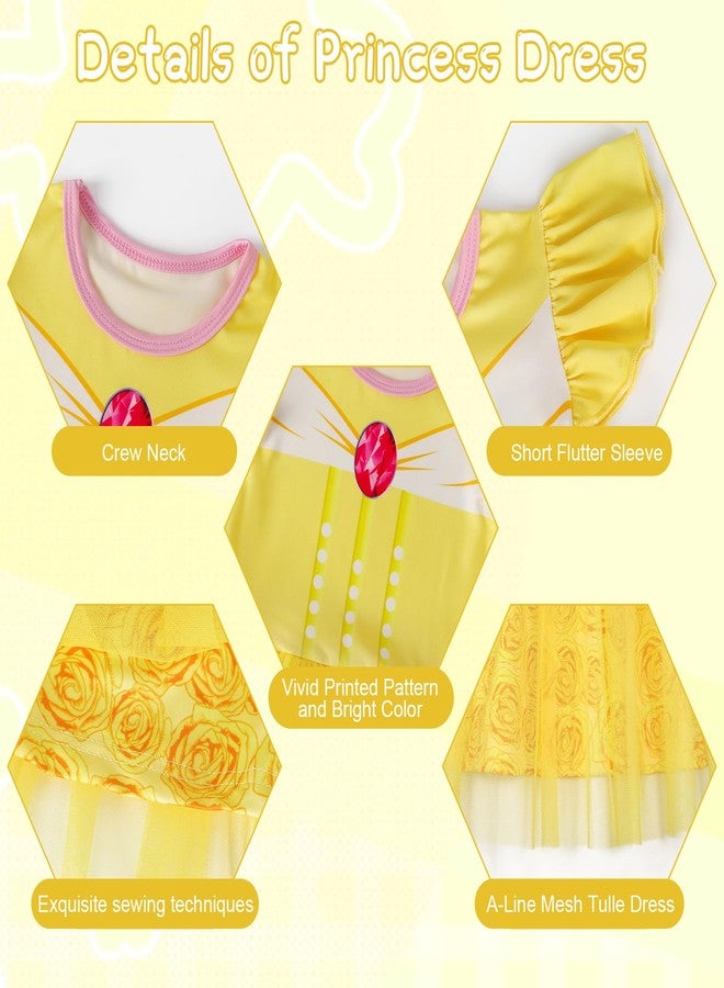 HenzWorld Dress up Clothes for Girls 4-6 Halloween Costumes for Girls Princess Dress up Fancy Party Cosplay Outfits Birthday Gifts Yellow Flutter Sleeve Tulle Dress Size 5-6X Princess Belle Dress - Image 4