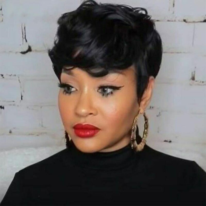 MOONSHOW Short Curly Wigs for Black Women Pixie Cut Wig Black Short Pixie Wigs for Black Women Pixie Cut Curly Wig with Bangs Black Pixie Wigs for Women Synthetic Wig