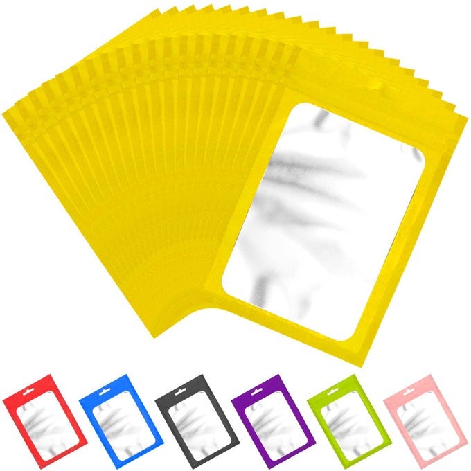 100 PACK RESEALABLE BAGS RESEALABLE PACKAGING MYLAR BAGS HEAT SEAL BAG WITH CLEAR WINDOW FOIL POUCH SMELL PROOF ZIPPER BAG FOR FOOD STORAGE GOLDEN 413 X 591 INCHES