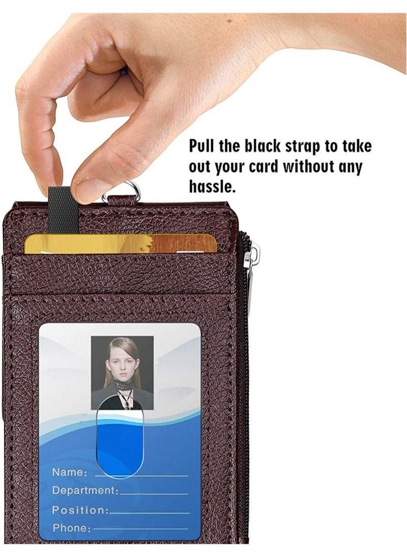 Aikanbo Badge Holder with Zipper, PU Leather ID Badge Card Holder Wallet with 5 Card Slots, 1 Side RFID Blocking Pocket and 20 inch Neck Lanyard Strap for Offices ID/School ID/Driver Licence  - Image 2