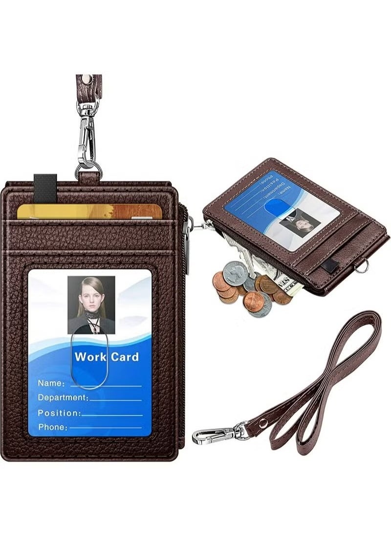Aikanbo Badge Holder with Zipper, PU Leather ID Badge Card Holder Wallet with 5 Card Slots, 1 Side RFID Blocking Pocket and 20 inch Neck Lanyard Strap for Offices ID/School ID/Driver Licence  - Image 1