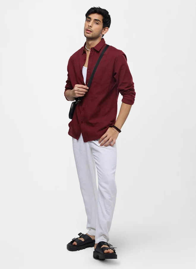 The Souled Store  The Souled Store Men Red Solid Regular Fit Cotton Linen Shirt  | Best Price UAE