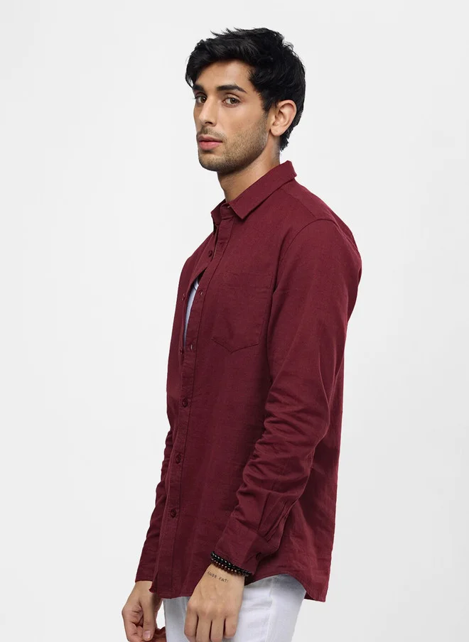 The Souled Store  The Souled Store Men Red Solid Regular Fit Cotton Linen Shirt  | Best Price UAE