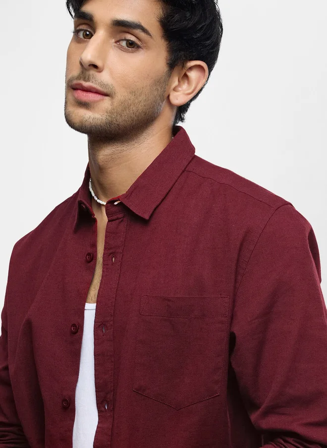 The Souled Store  The Souled Store Men Red Solid Regular Fit Cotton Linen Shirt  | Best Price UAE