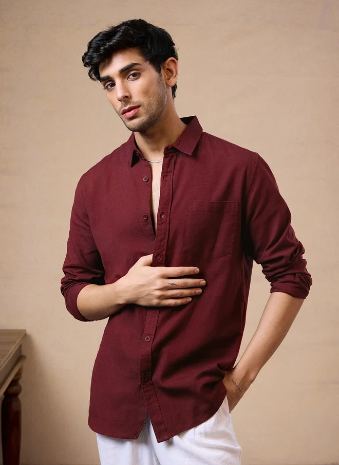 The Souled Store Men Red Solid Regular Fit Cotton Linen Shirt