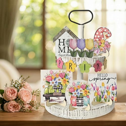 Sm:)e Smile Spring Wooden Decor Flower Floral Farmhouse Table Tray Home Kitchen, Spring Indoor Decoration - Image 4