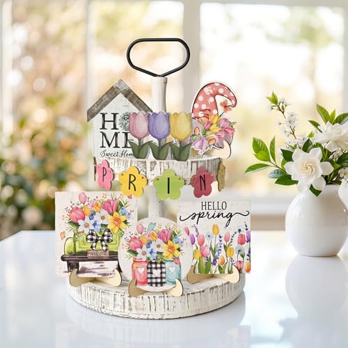 Sm:)e Smile Spring Wooden Decor Flower Floral Farmhouse Table Tray Home Kitchen, Spring Indoor Decoration - Image 3