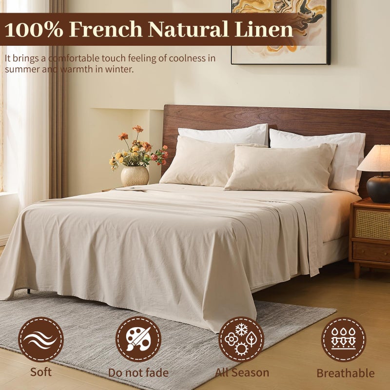 MEISHANG 100% French Pure Linen Sheets King Size - Bed Sheets 4 Piece Sets, Soft Durable Flax Linen, Anti-Tear Breathable Oeko-Tex Certified with 16" Deep Pocket (Linen) - Image 2