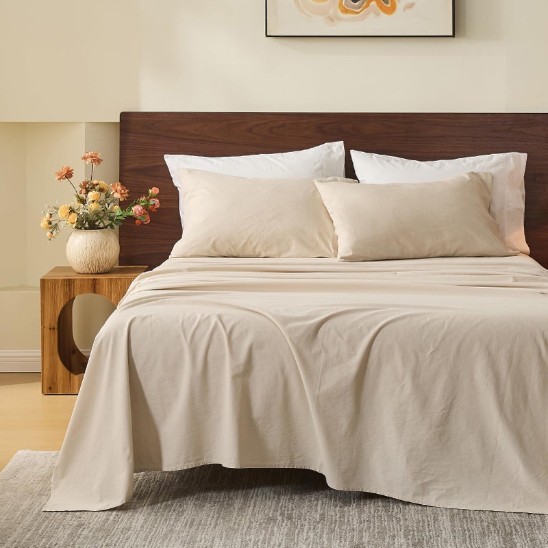 MEISHANG 100% French Pure Linen Sheets King Size - Bed Sheets 4 Piece Sets, Soft Durable Flax Linen, Anti-Tear Breathable Oeko-Tex Certified with 16" Deep Pocket (Linen) - Image 1