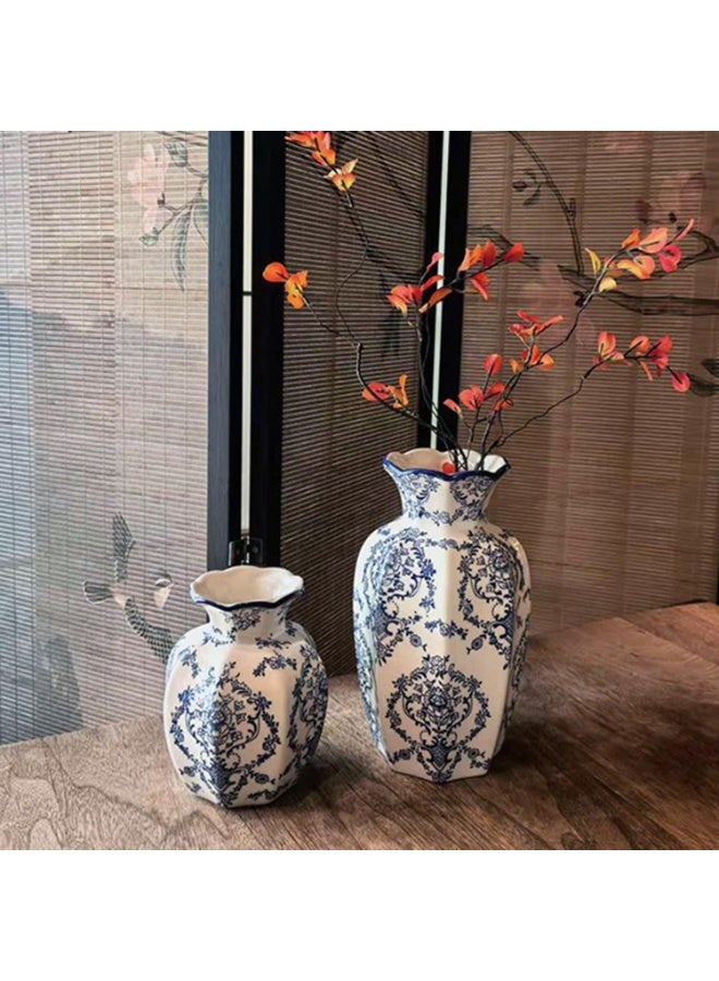 Blue and White Ceramic Chinoiserie Hexagonal Vase, Large Vintage Flower Vessel - Image 4