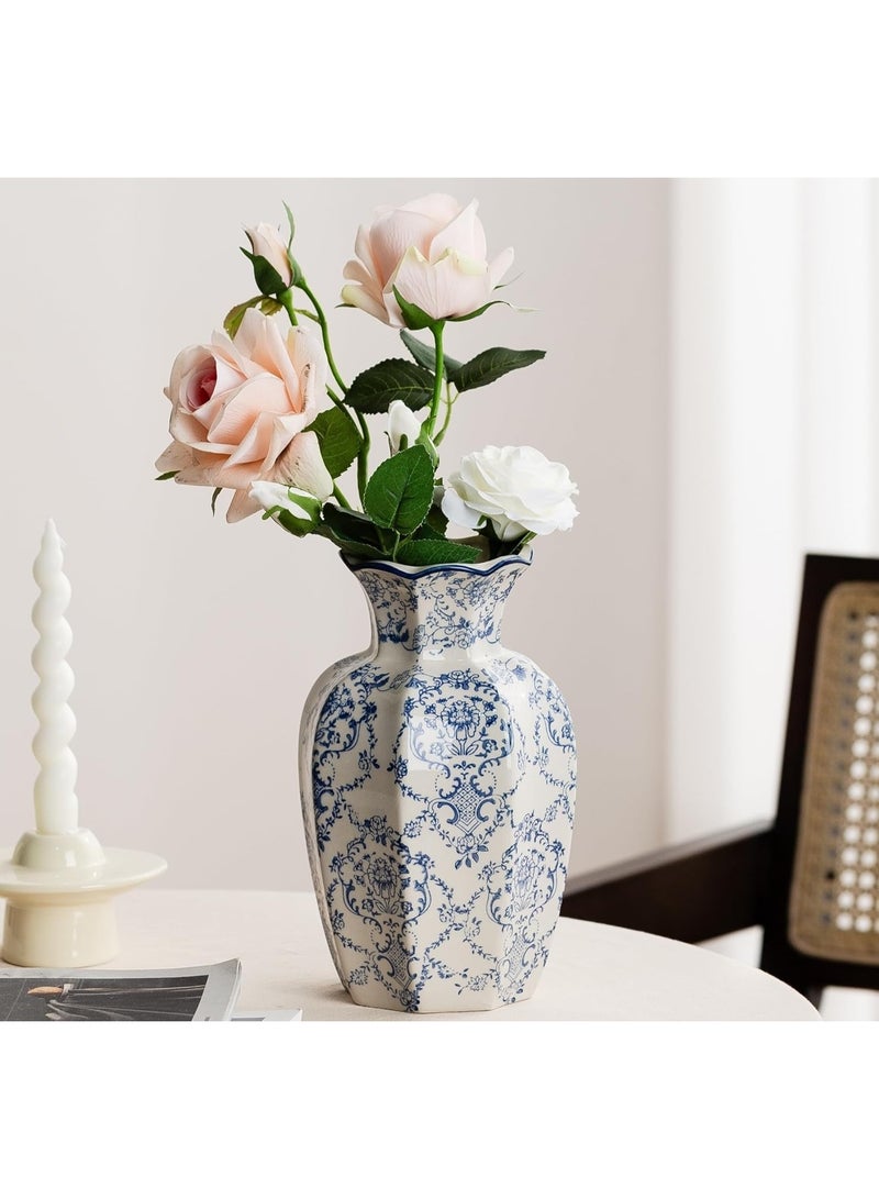 Blue and White Ceramic Chinoiserie Hexagonal Vase, Large Vintage Flower Vessel - Image 1