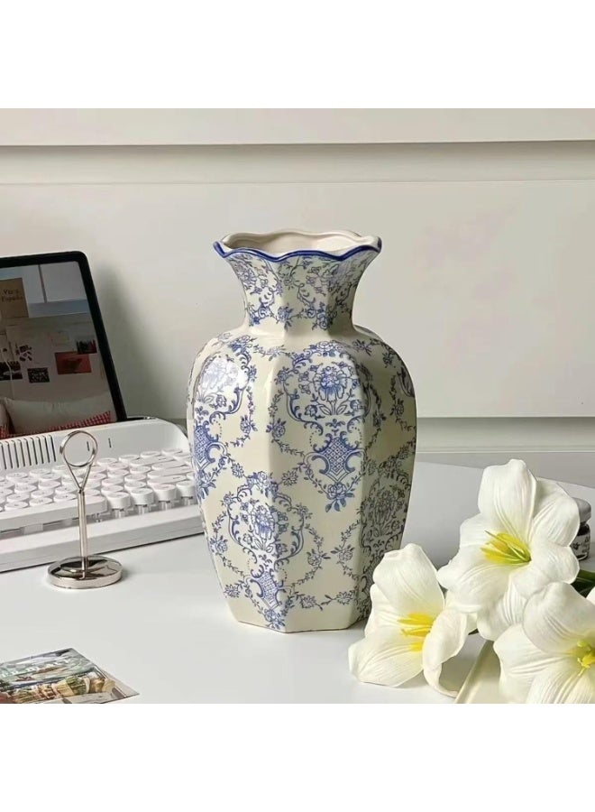 Blue and White Ceramic Chinoiserie Hexagonal Vase, Large Vintage Flower Vessel - Image 2