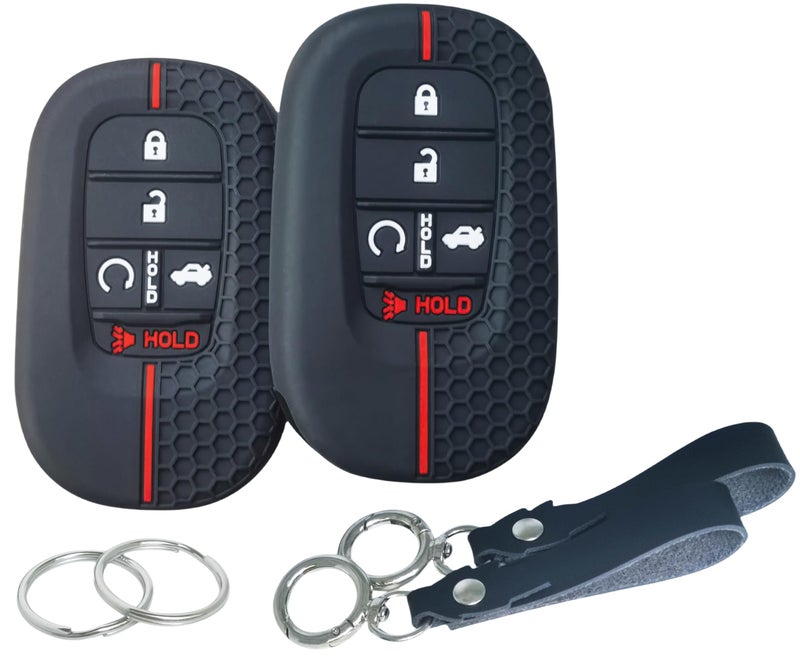 RUNZUIE 2Pcs 5 Buttons Silicone Smart Key Fob Cover for 2022 2023 2024 2025 Honda Accord Civic Pilot HRV CRV Sport SI EX EXL Touring Blacka