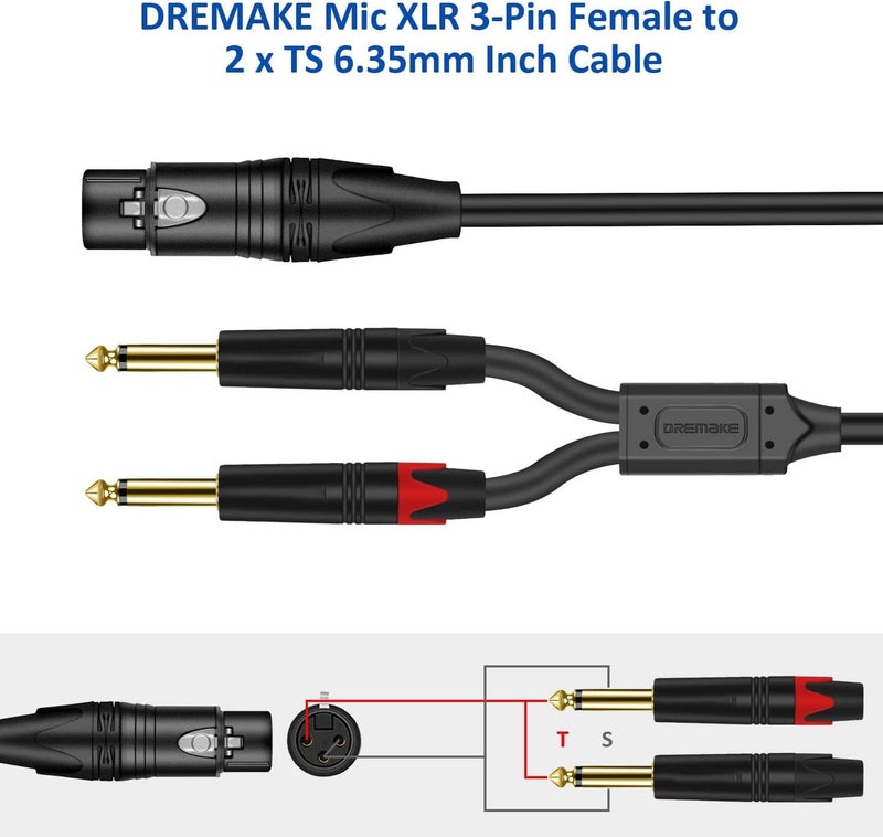 6.35mm 1/4 Inch to XLR Microphone Cable - Mono Male to Female Audio Y Splitter Patch Cord - 3-Pin XLR to Dual TS Male Converter Adapter - 3 Feet - Image 3