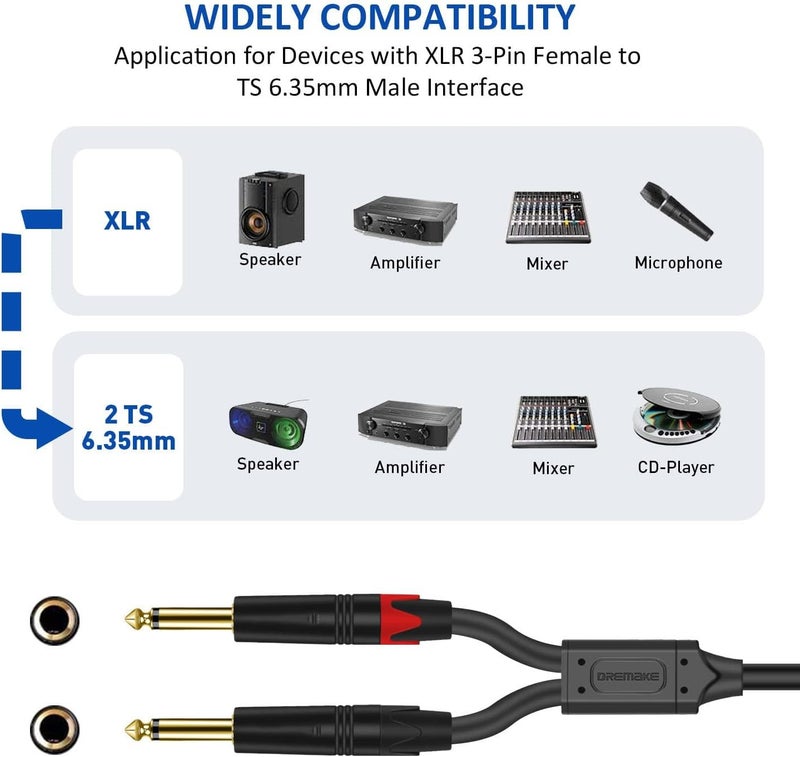 6.35mm 1/4 Inch to XLR Microphone Cable - Mono Male to Female Audio Y Splitter Patch Cord - 3-Pin XLR to Dual TS Male Converter Adapter - 3 Feet - Image 5