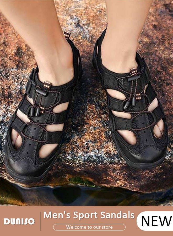 DUNISO Men's Sport Sandals Outdoor Hiking Sandals Closed Toe Athletic Waterproof Trail Walking Casual Sandals Water Shoes,leather Slippers (Size 42) - Image 1
