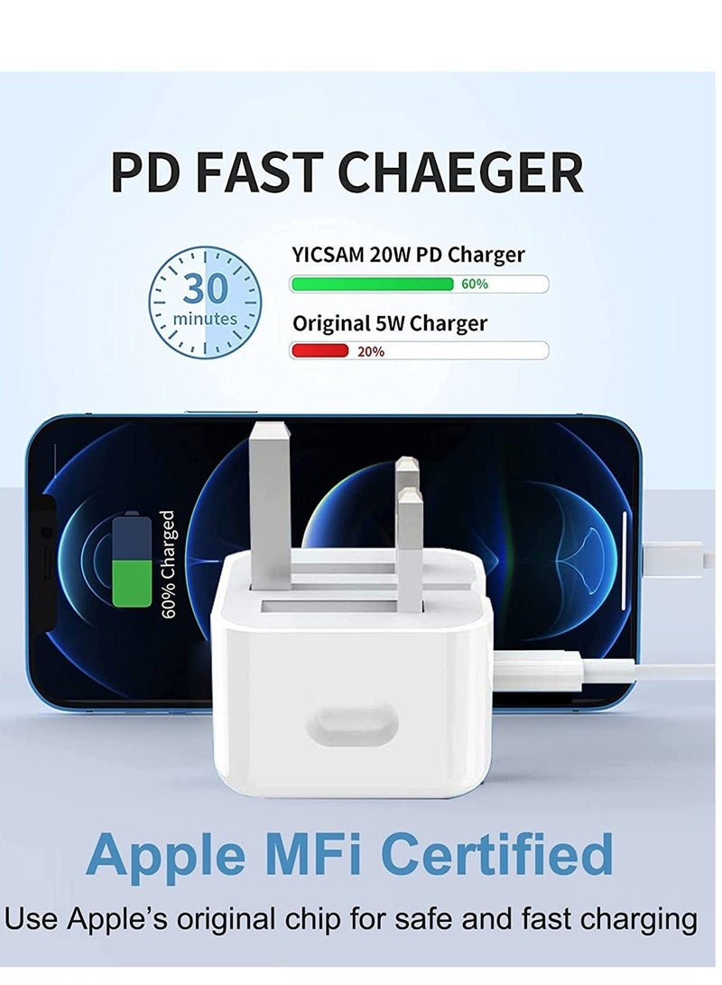 MUNTAQI iPhone Fast Charger Plug & Cable 2mT, [Apple MFi Certified] iPhone 20W USB C USB C Charger Power Adapter w/ USB C to Lightning Cable iPhone 13/12/SE/11/XS/XR/X/8, iPad, AirPod, White - Image 2