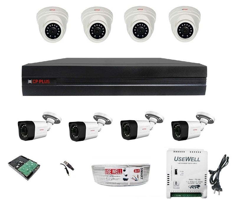 مجموعة كاميرات CP PLUS FULL HD 2.4MP مع 8CH HD DVR + 4 كاميرات رصاصة + 4 كاميرات قبة + قرص صلب 1TB + لفة سلك + مزود طاقة وجميع الموصلات المطلوبة