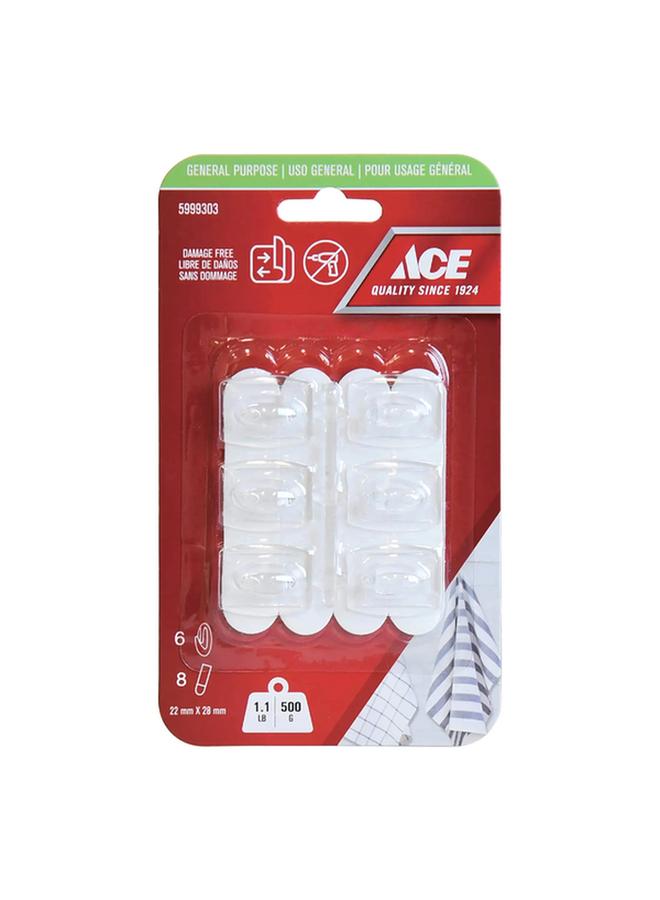 ACE 6-Piece Damage Free General Purpose Adhesive Hook with Strips Clear 2.8 x 2.2cm  - Image 1
