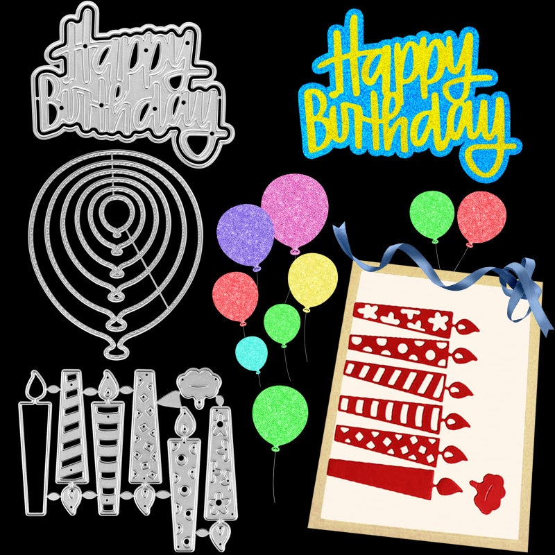 MIKIMIQI 3 Pack Birthday Metal Cutting Dies Stencils MIKIMIQI DIY Craft Metal Scrapbooking Dies Cuts Happy Birthday Candle Balloons Embossing Stencils Template for Card Making Scrapbooking Craft Paper Decor