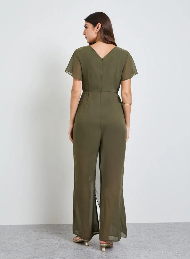 Take Two Green Green Wrap Front Wide Leg Jumpsuit for Women | Best Price UAE
