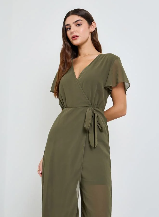 تايك تو Green Wrap Front Wide Leg Jumpsuit