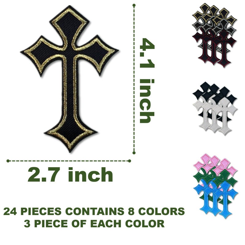 Cazzon Cross Patches Iron On Cross Embroidery Applique Patch, DIY Decor Patches for Clothing Jeans Jackets Backpacks Hats Shirts (24 Pieces 8 Color) - Image 2
