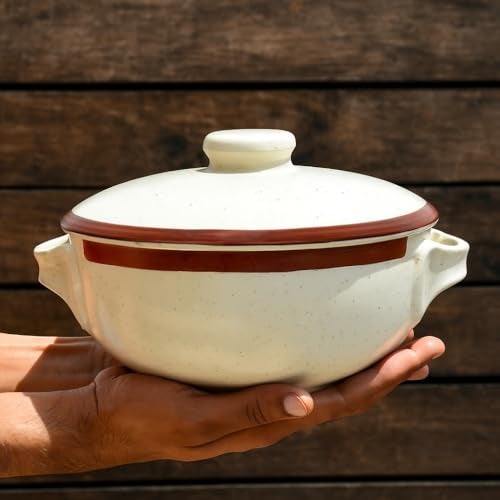 StyleMyWay Matte Finish Ceramic Serving Donga with Lid and Handle (1500 ml, Off White) | Casserole | Handcrafted Dinner Serving Bowl with Lid for Curry, Rice, Gravy, Oven and Microwave Safe - Image 3