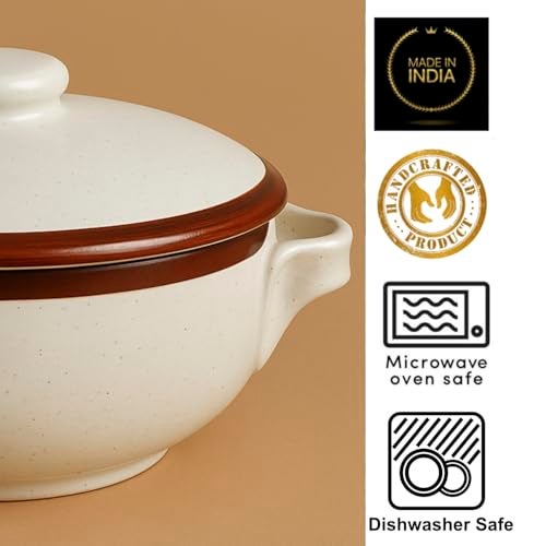 StyleMyWay Matte Finish Ceramic Serving Donga with Lid and Handle (1500 ml, Off White) | Casserole | Handcrafted Dinner Serving Bowl with Lid for Curry, Rice, Gravy, Oven and Microwave Safe - Image 4