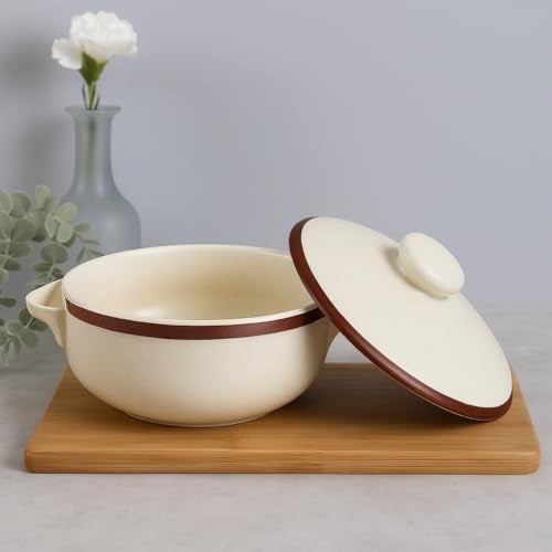 StyleMyWay Matte Finish Ceramic Serving Donga with Lid and Handle (1500 ml, Off White) | Casserole | Handcrafted Dinner Serving Bowl with Lid for Curry, Rice, Gravy, Oven and Microwave Safe - Image 2