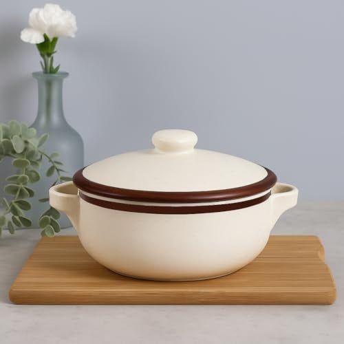 StyleMyWay Matte Finish Ceramic Serving Donga with Lid and Handle (1500 ml, Off White) | Casserole | Handcrafted Dinner Serving Bowl with Lid for Curry, Rice, Gravy, Oven and Microwave Safe - Image 1