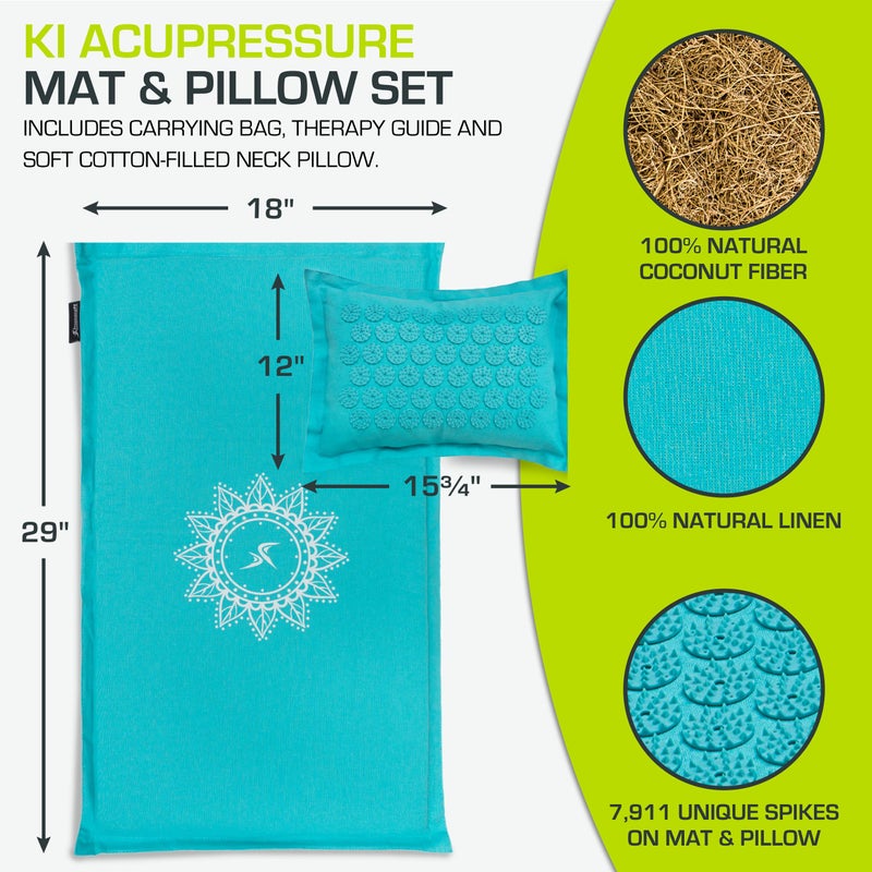 ProsourceFit Ki Acupressure Mat and Pillow Set with 100% Natural Linen for Back/Neck Pain Relief and Muscle Relaxation, Bahama Blue - Image 3
