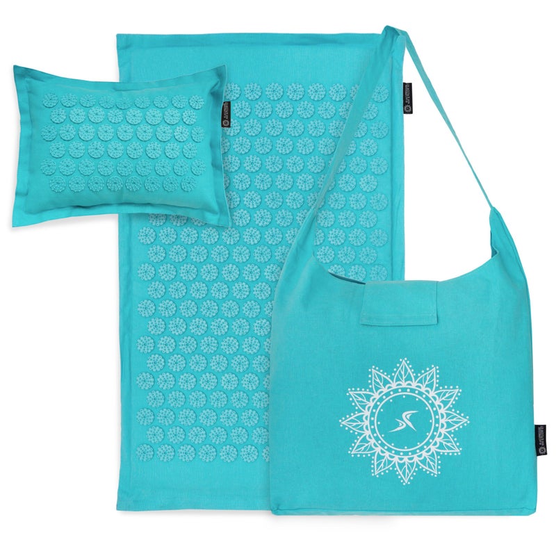 ProsourceFit Ki Acupressure Mat and Pillow Set with 100% Natural Linen for Back/Neck Pain Relief and Muscle Relaxation, Bahama Blue - Image 1