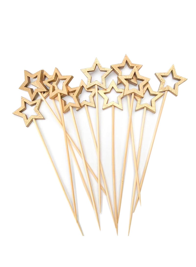 Excefore Gold Star Bamboo Cocktail Picks, 5.5 Inch Long Bamboo Fancy Toothpicks for Appetizers, New Year Party Holiday Birthday Decorations 50 PCS - Image 1