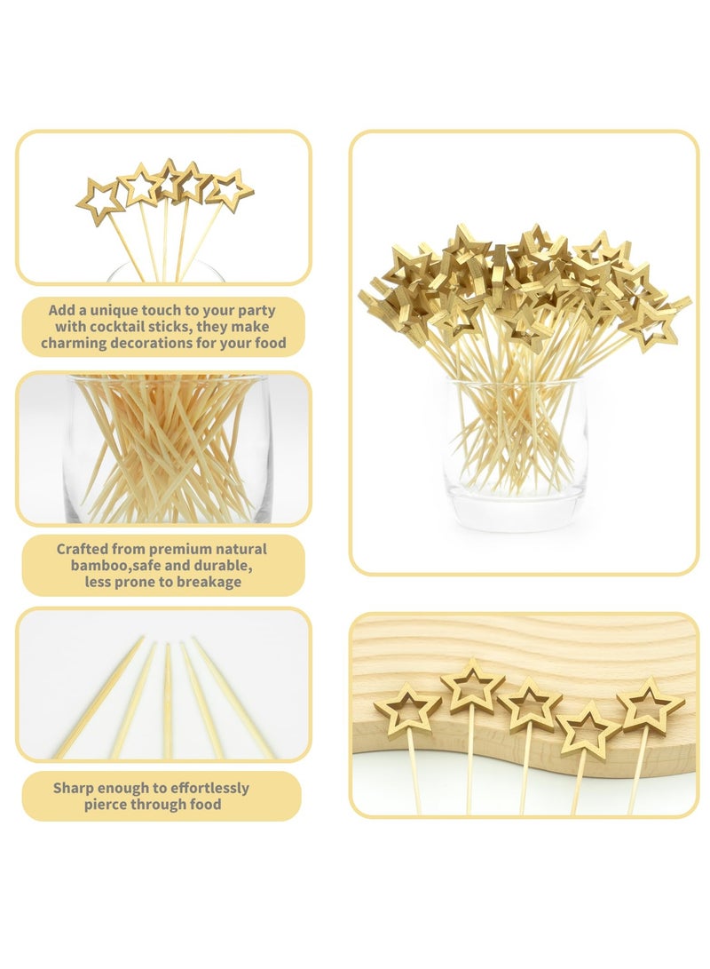 Excefore Gold Star Bamboo Cocktail Picks, 5.5 Inch Long Bamboo Fancy Toothpicks for Appetizers, New Year Party Holiday Birthday Decorations 50 PCS - Image 2