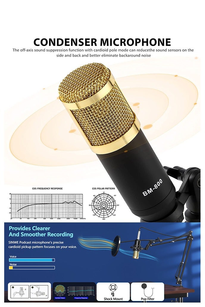 Sunbmebge Live Sound Card Podcast Equipment Set, Condenser Microphone with Tripod and Professional Audio Mixer for Studio Recording Vocals, Voiceovers, Streaming Broadcasts and YouTube Videos - Image 3