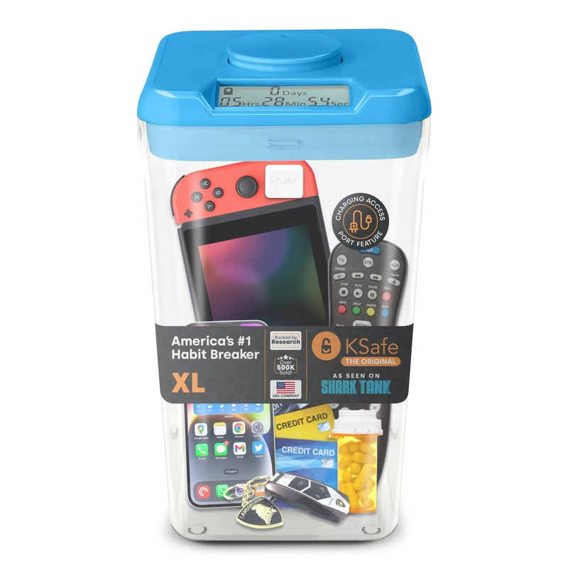 Kitchen Safe Time Locking Container XL Timed Lock Box for Cell Phones Snacks and other unwanted temptations Blue Lid 123 Clear Base with Access Port