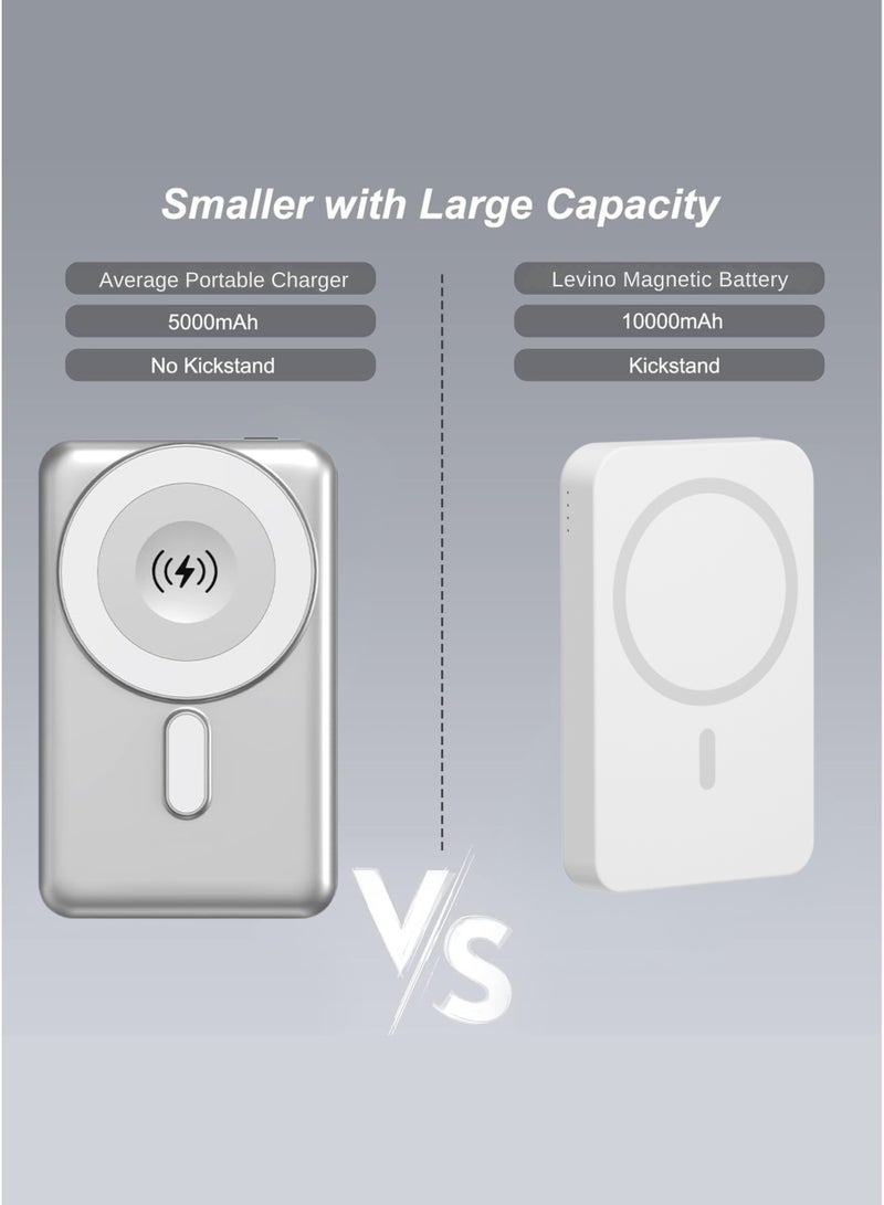 ليفينو باور بانك ليفينو ماج سيف، ١٠٠٠٠ مللي أمبير/ساعة، مع حامل قابل للطي | منفذا USB من النوع C ومنفذ USB واحد | يتضمن كابلات Type-C وLightning | مؤشر LED | شحن سريع لأجهزة iPhone 15/14/13/12، وSamsung Galaxy، وGoogle Pixel، وغيرها | أبيض - Image 4
