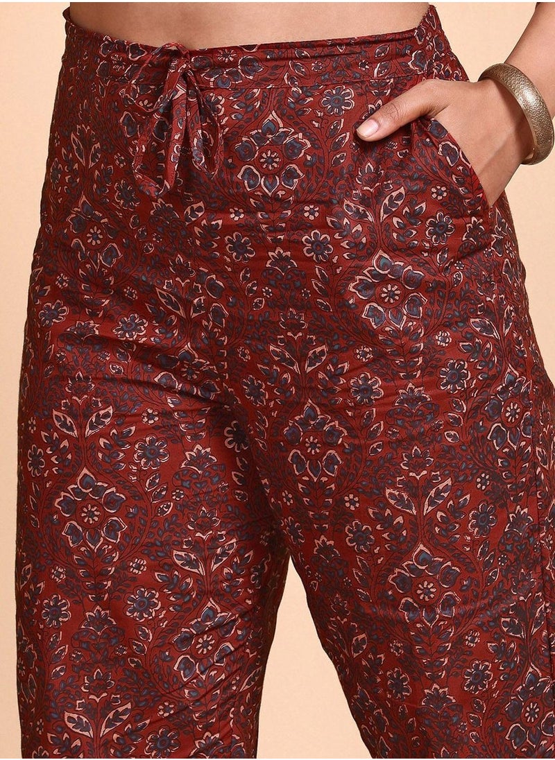 ISHIN Women's Red 100% Cotton Self Design Full Length Palazzo Kurta Set  - Image 3