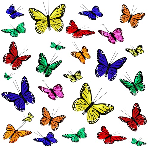 24 Pcs Monarch Butterfly Decorations 4 Size Artificial Monarch Feather Fake Butterflies Picks Crafts Fake Flying Creatures for Wall Spring Craft Cosplay Wedding Party