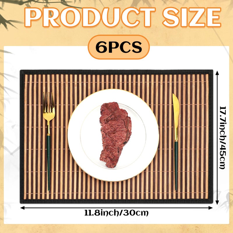 Pickmesh Bamboo Placemats Set of 6, Bamboo Table Mats Set with Fabric Border,18'' x 12'' Woven Placemat, Japanese Style, Washable Heat Resistant Place Mats for Kitchen and Dining Room - Image 2