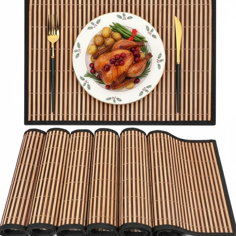 Pickmesh Bamboo Placemats Set of 6, Bamboo Table Mats Set with Fabric Border,18'' x 12'' Woven Placemat, Japanese Style, Washable Heat Resistant Place Mats for Kitchen and Dining Room - Image 1