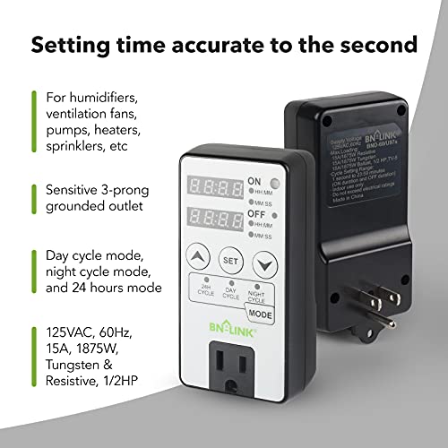 BN-LINK Timer Outlet Short Period Repeat Cycle Intermittent Digital Timer, Interval Timer - Day, Night, or 24 Hour Operation, Programmable Plug-in Timer for Appliances Electrical Outlets 15A/1875W - Image 3