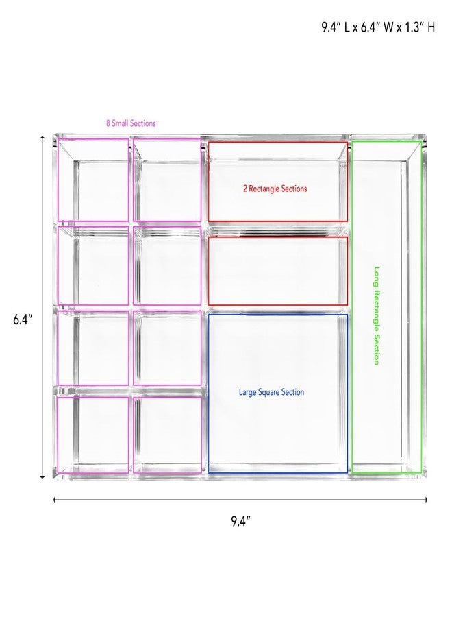 Isaac Jacobs 12-Compartment Clear Acrylic Drawer Organizer (9.4" L x 6.4" W x 1.3" H), Multi-Sectional Tray & Storage Solution for Makeup, School & Office Supplies, Bathroom, Kitchen - Image 3