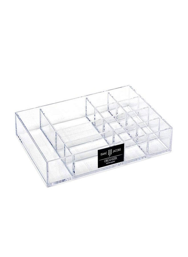 Isaac Jacobs 12-Compartment Clear Acrylic Drawer Organizer (9.4" L x 6.4" W x 1.3" H), Multi-Sectional Tray & Storage Solution for Makeup, School & Office Supplies, Bathroom, Kitchen - Image 1