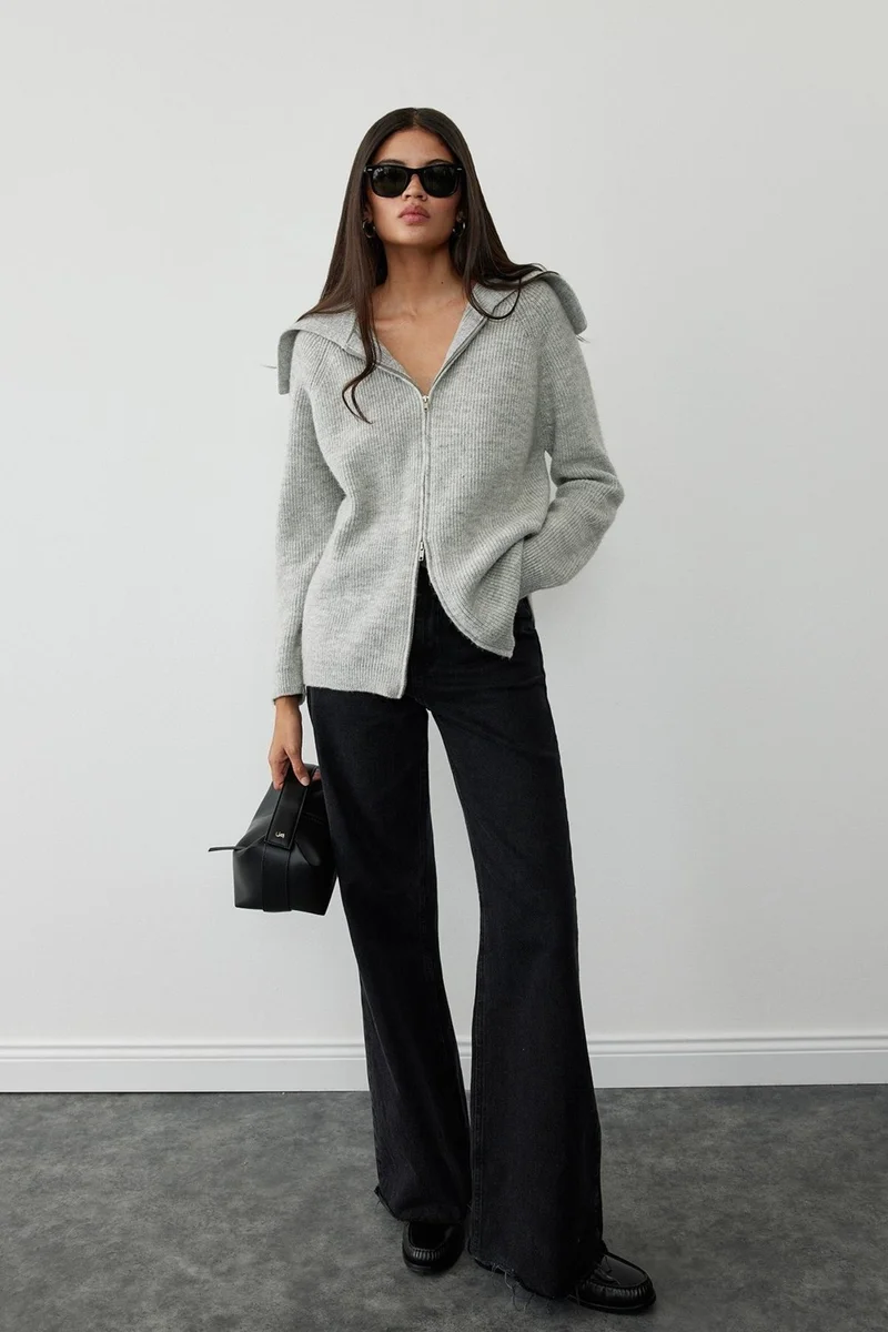 Suud Collection Gray Double Zippered Knitwear Cardigan