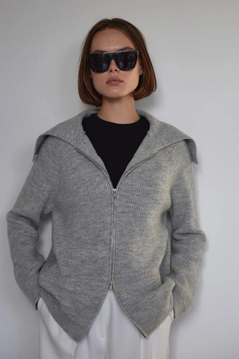 Suud Collection Gray Double Zippered Knitwear Cardigan