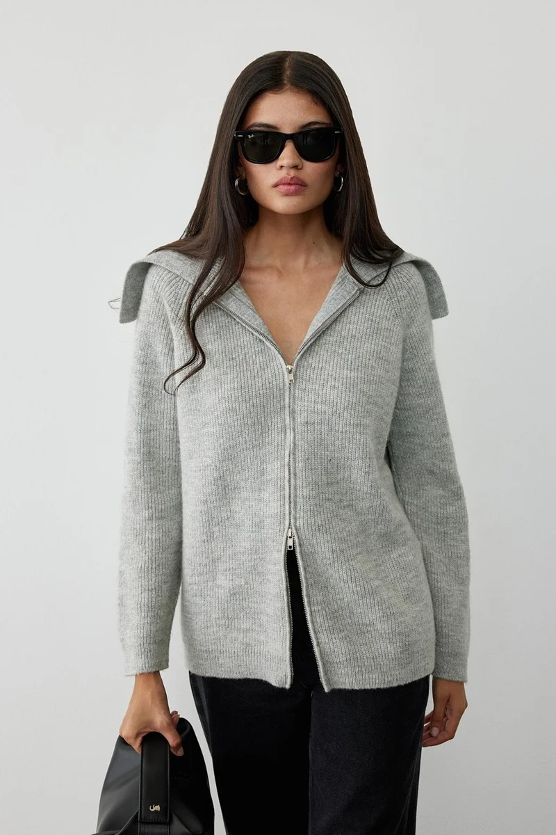 Suud Collection Gray Double Zippered Knitwear Cardigan